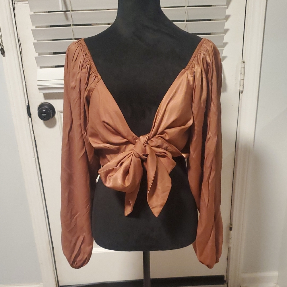 Blush Boutique Elegant Brown Tie-Front Blouse